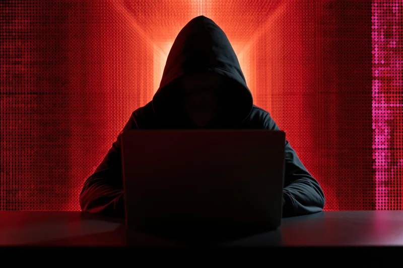 Hooded figure working on laptop in dark room with red digital background