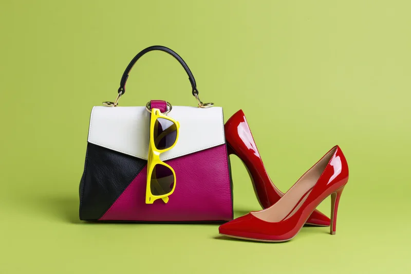 Color-blocked handbag with red high heels and yellow sunglasses arranged on lime green background