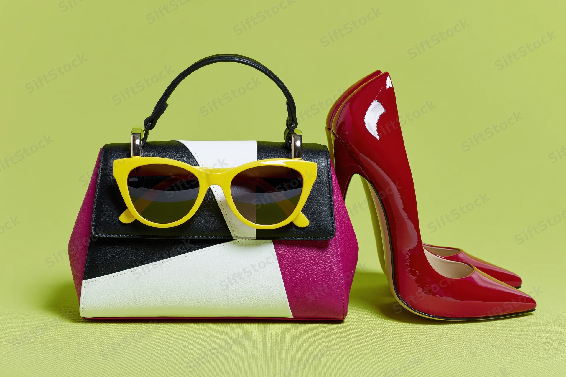 Colorful fashion accessories arranged in flat lay on green background