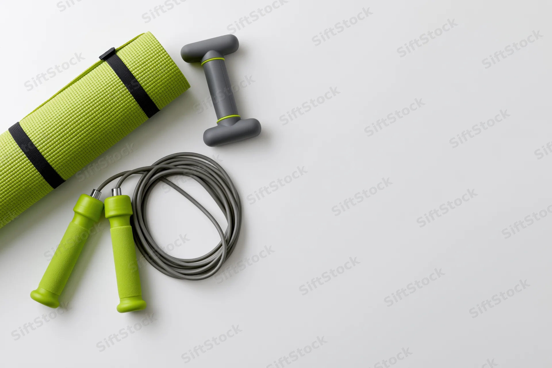 Rolled green yoga mat, gray dumbbell and jump rope arranged on white surface