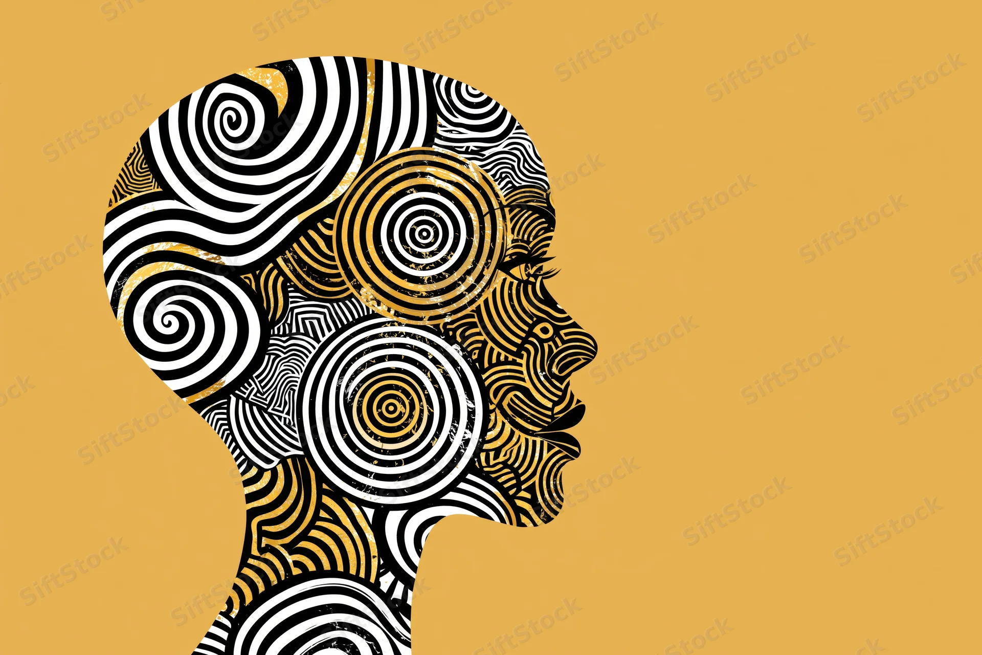 Woman's profile silhouette filled with abstract black white and gold swirl patterns on mustard background