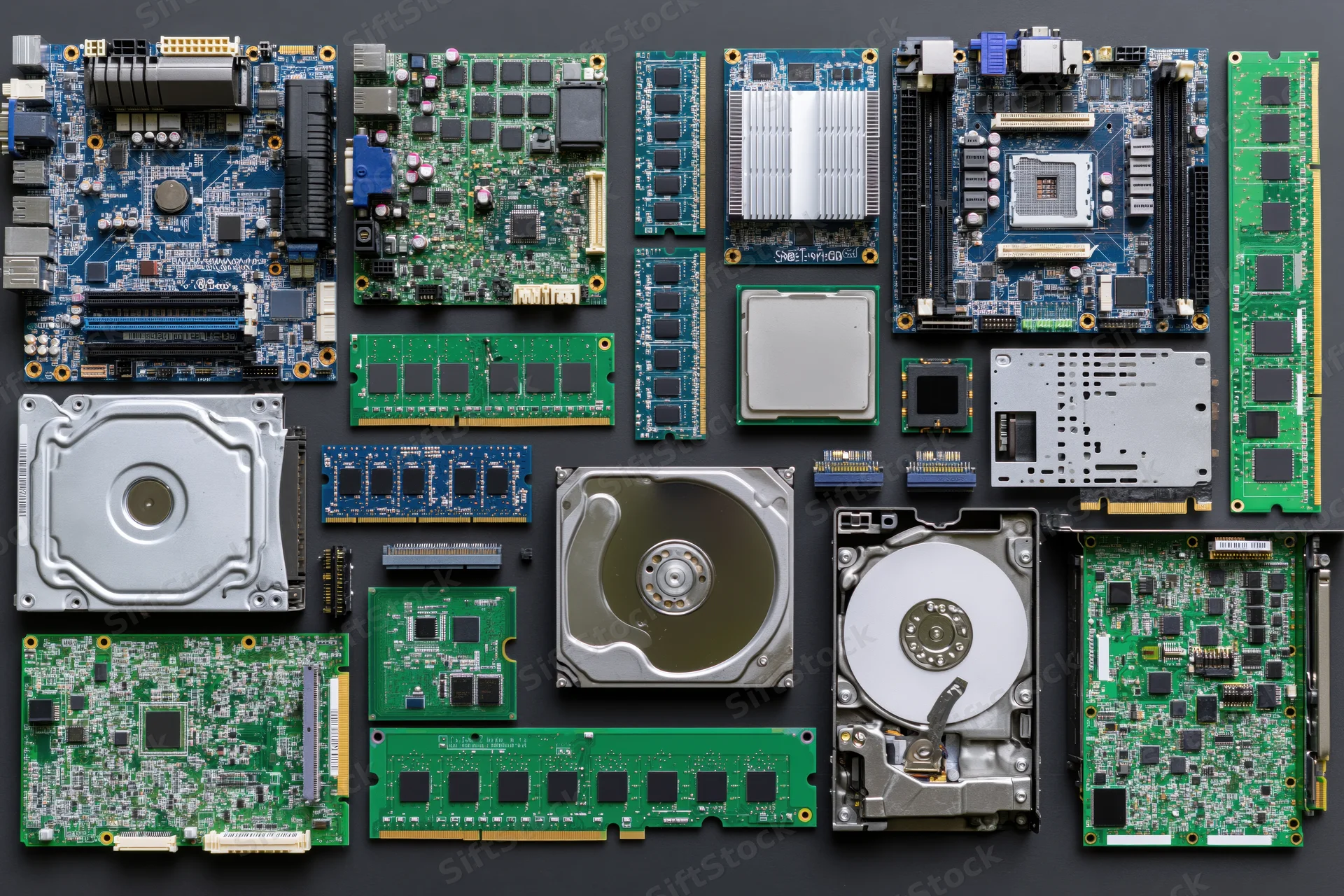 Assorted computer hardware components arranged in flat lay on dark surface