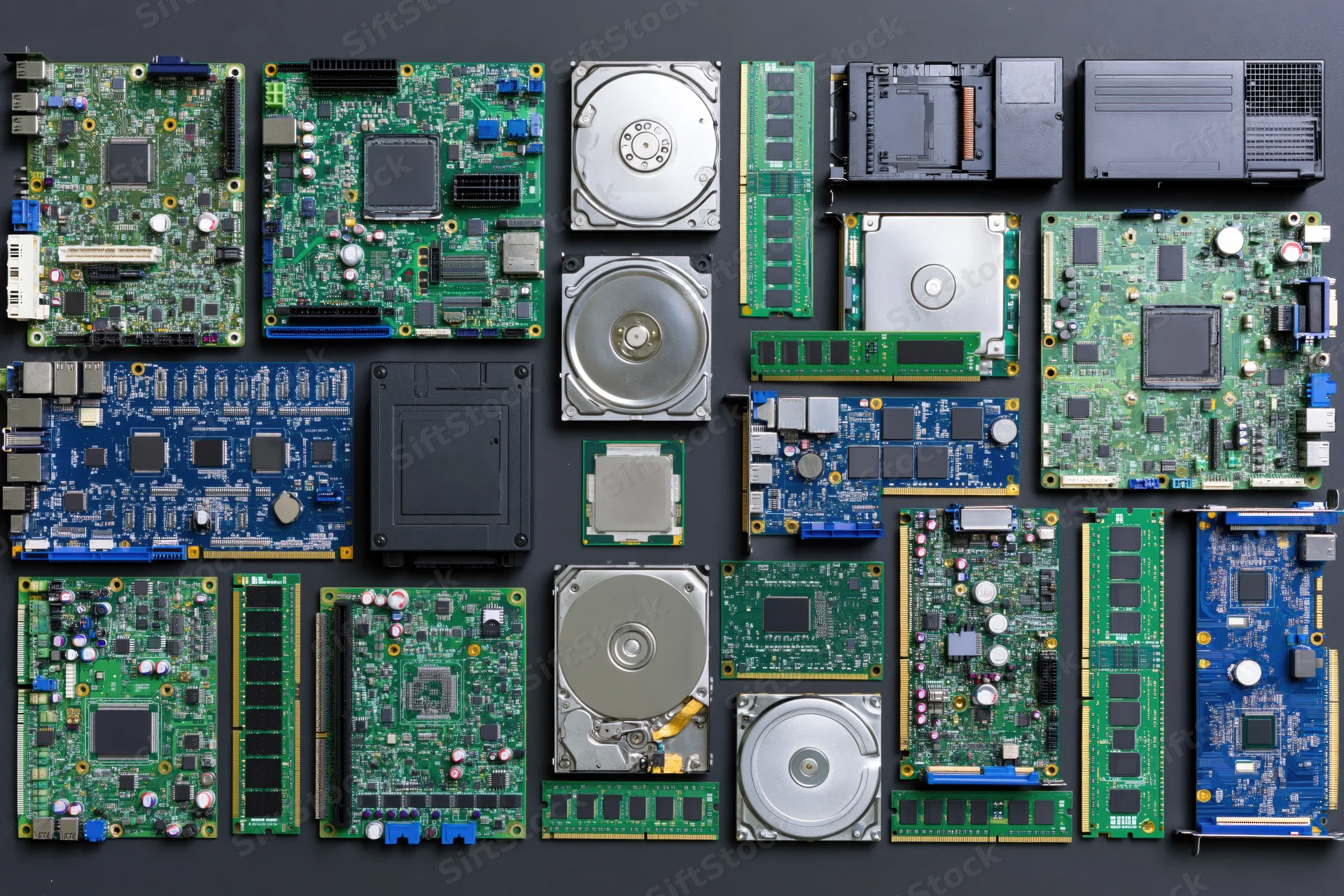 Assorted computer hardware components arranged in flat lay on dark surface