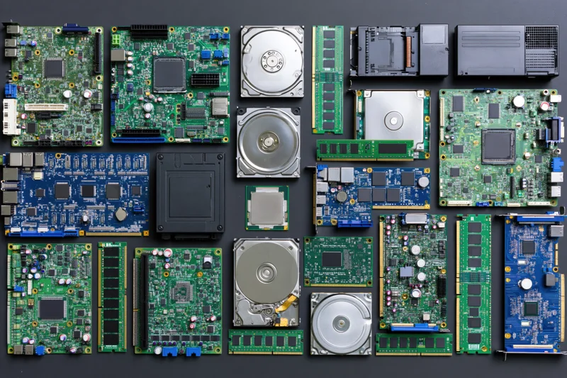 Assorted computer hardware components arranged in flat lay on dark surface