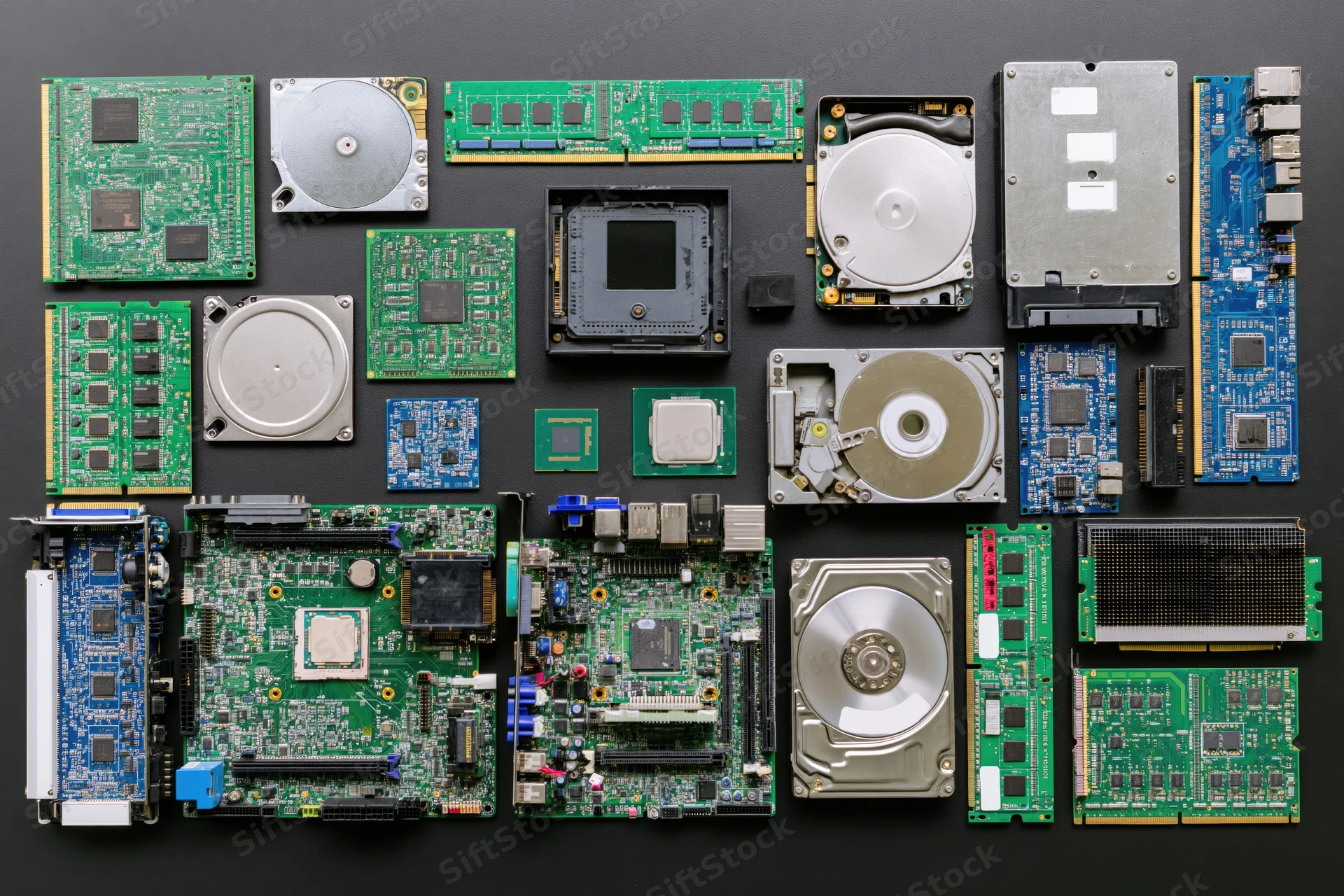 Assorted computer hardware components arranged in flat lay on dark surface