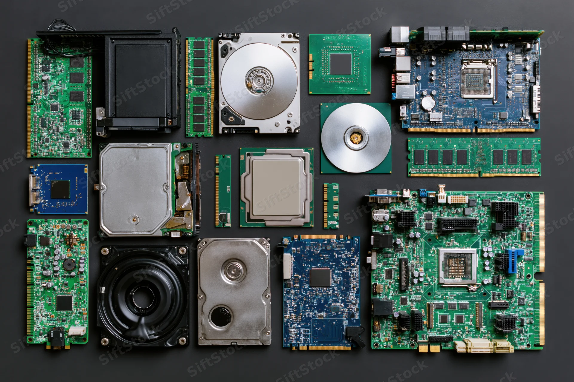 Assorted computer hardware components arranged in flat lay on dark surface