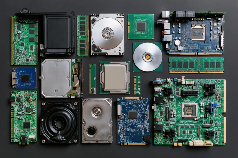 Assorted computer hardware components arranged in flat lay on dark surface