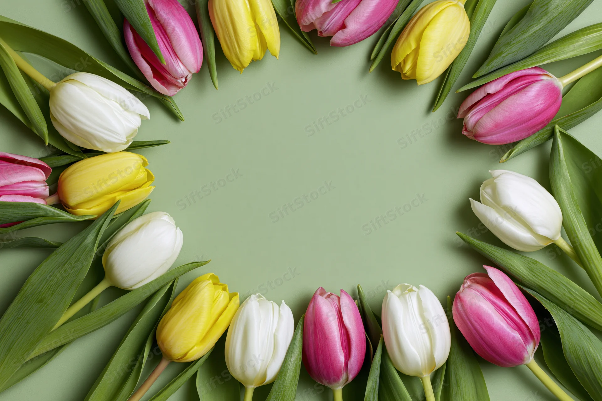 Tulips arranged in a circular frame on a green surface with copyspace in the center