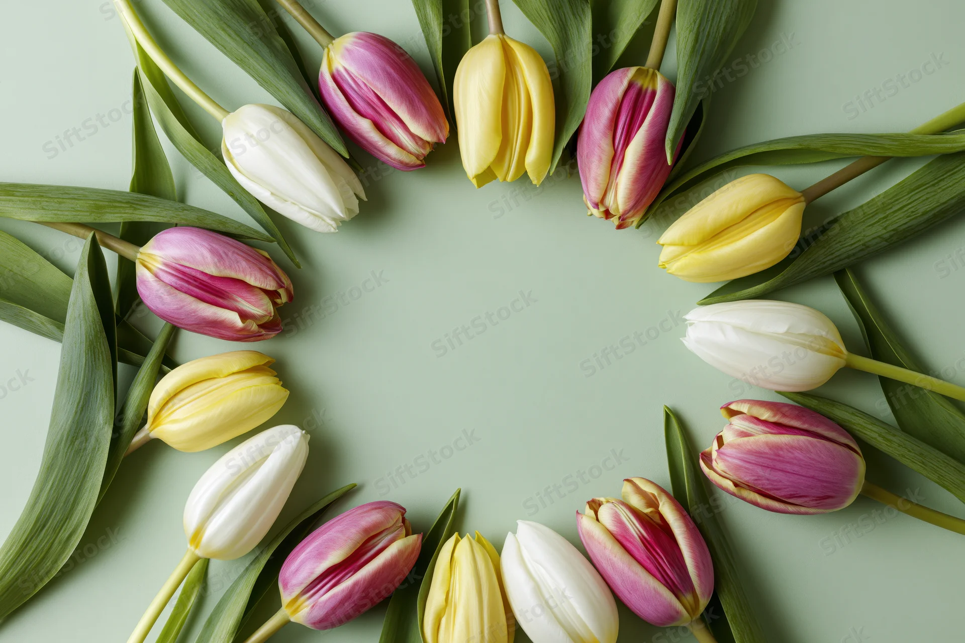Tulips arranged in a circular frame on a flat surface with copyspace in the center