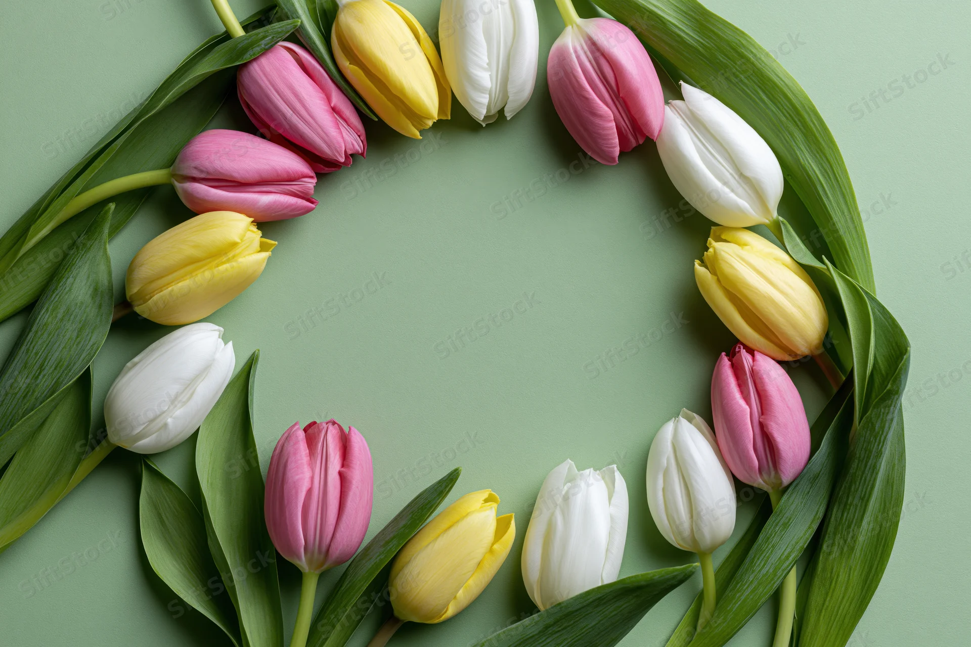 Tulips arranged in a circular flat lay on a green surface with copyspace in the center