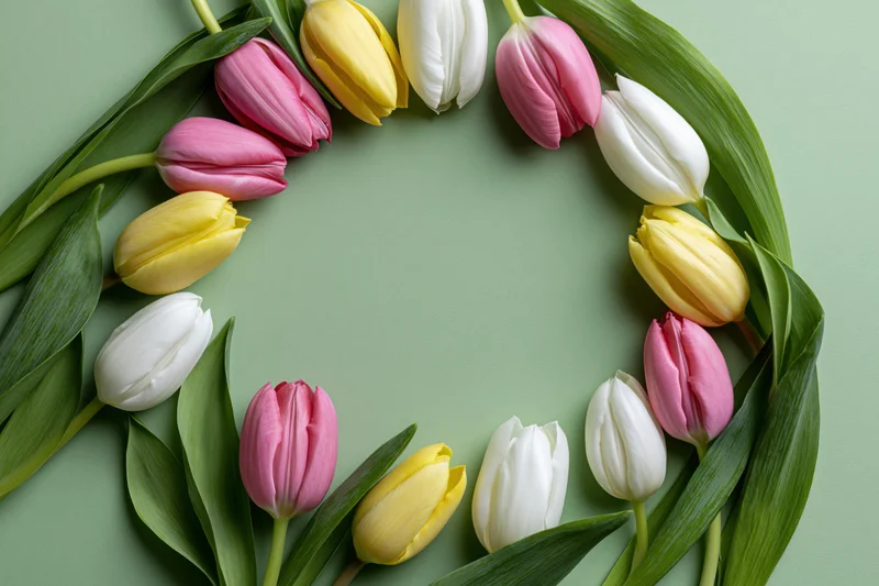 Tulips arranged in a circular flat lay on a green surface with copyspace in the center
