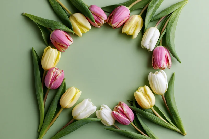 Tulips arranged in a heart shape on a green surface with copyspace