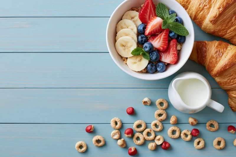 Breakfast spread with cereal, fruit, croissant and milk on a blue wooden table