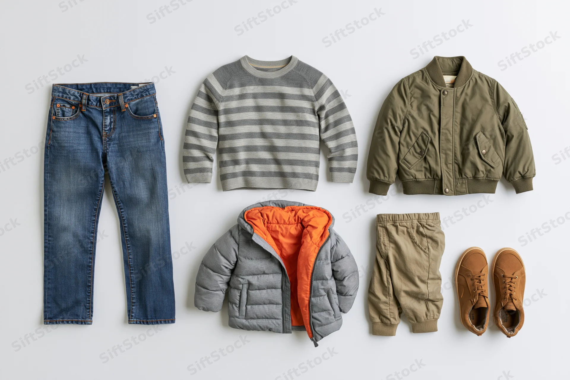 Childrens clothing items arranged in flat lay on white background