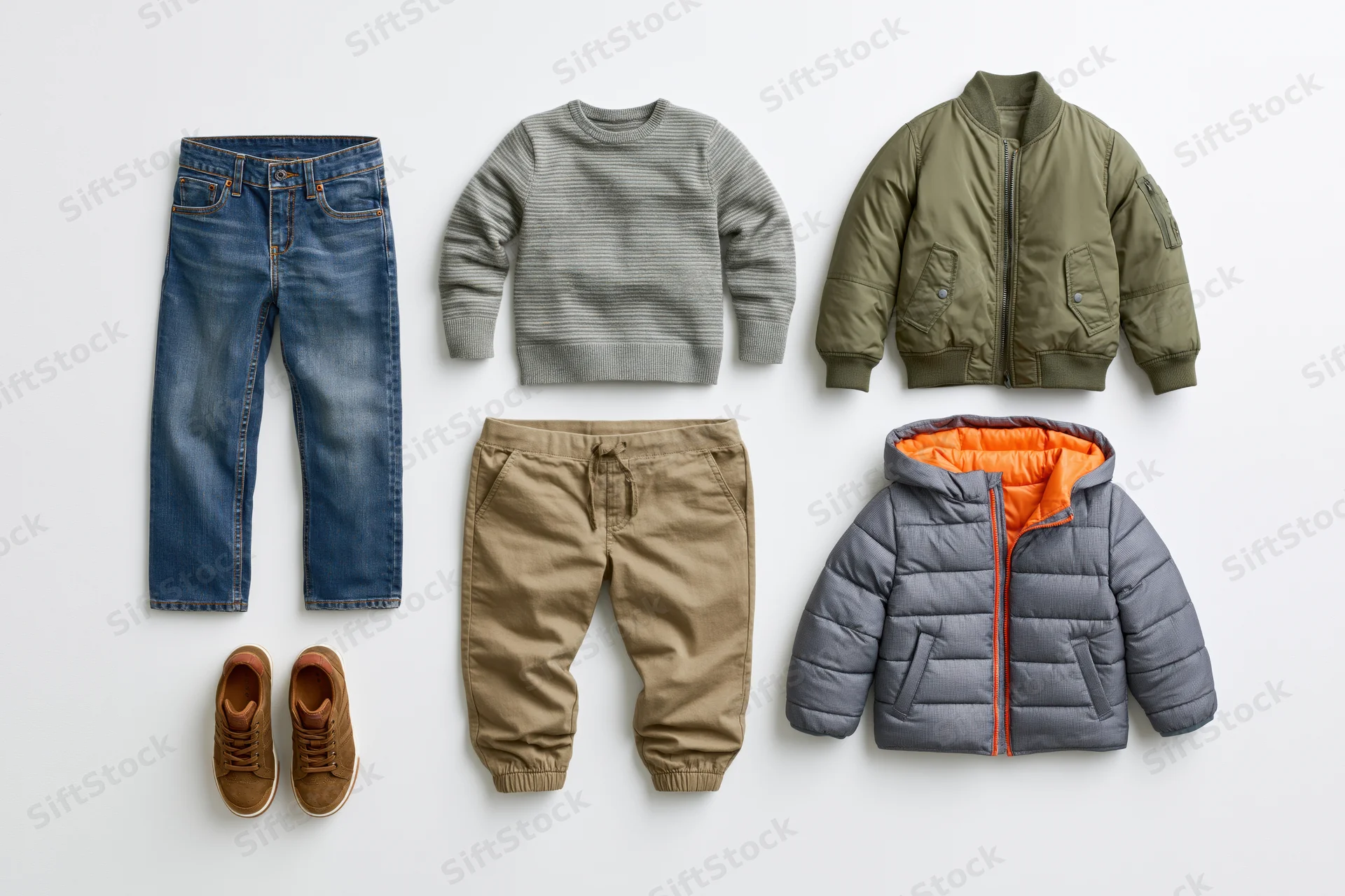 Childrens clothing items arranged in flat lay on white background
