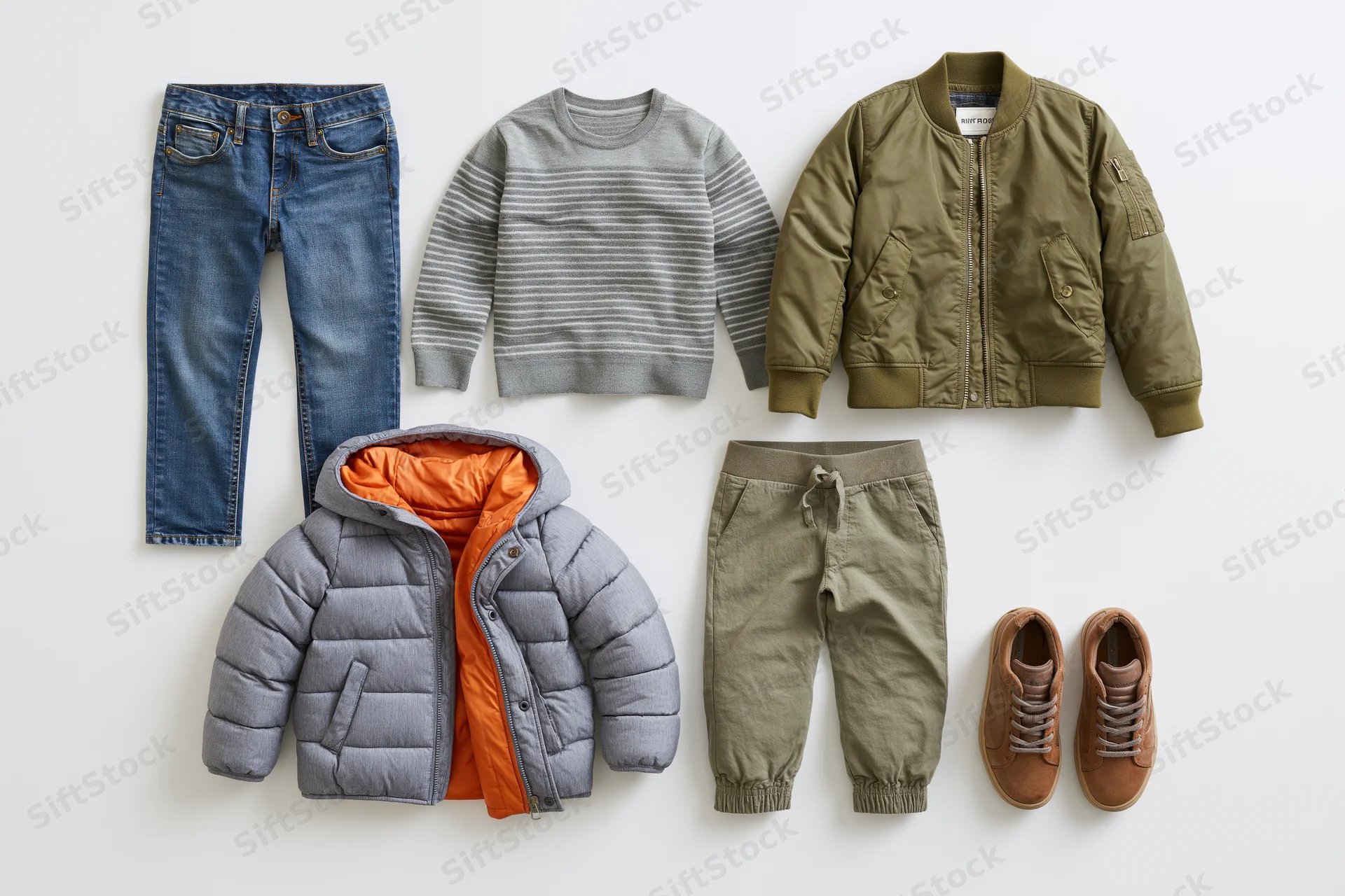 Childrens clothing items arranged in flat lay on white background