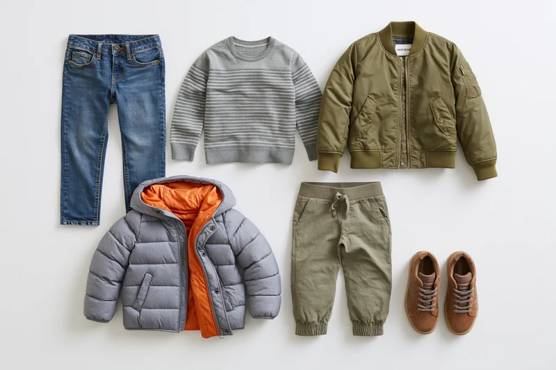 Childrens clothing items arranged in flat lay on white background