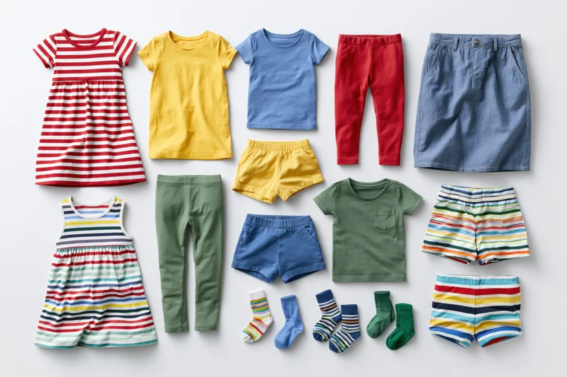 Flat lay of childrens summer clothing items arranged on white background