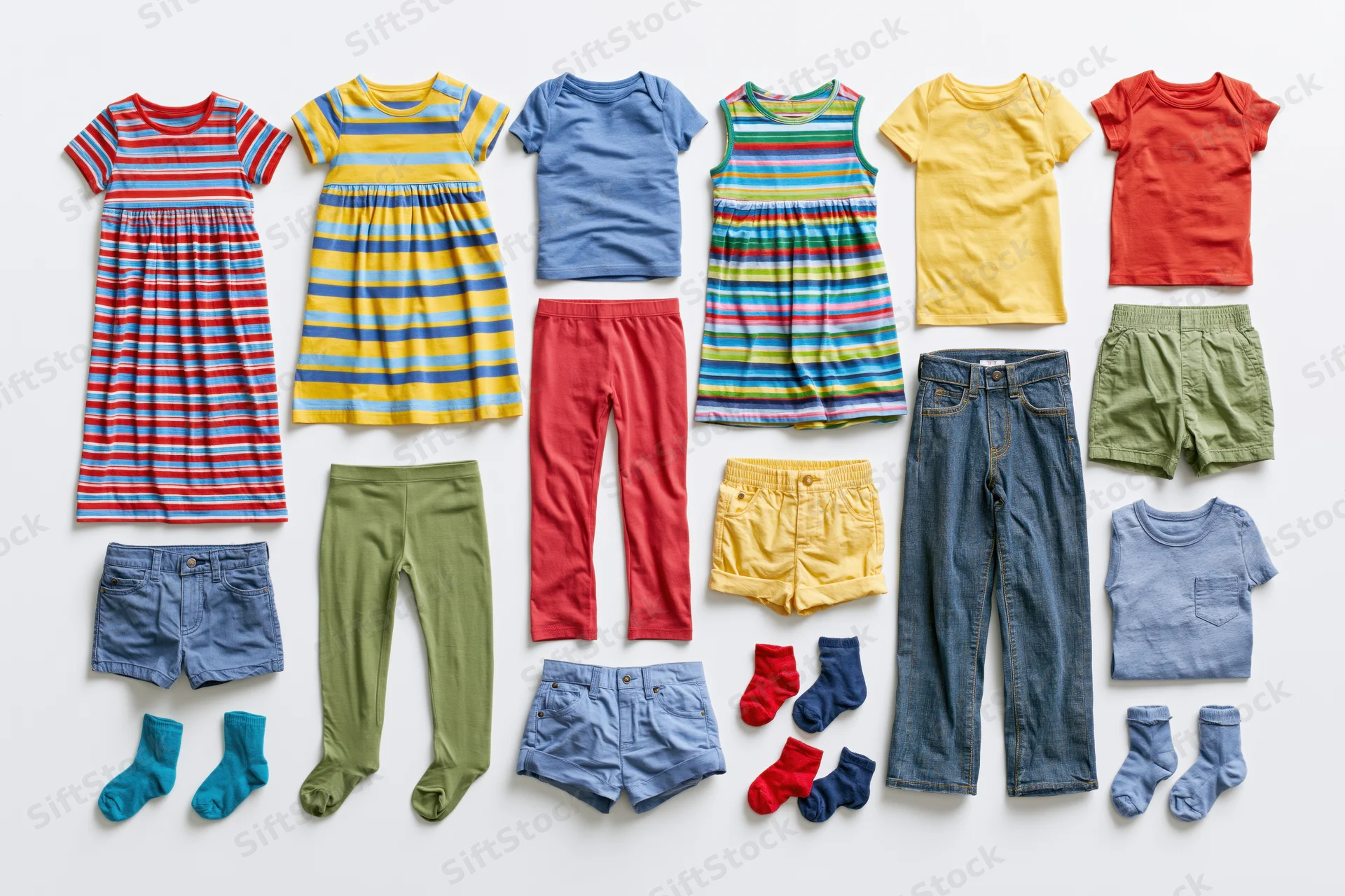 Flat lay of childrens summer clothing items arranged on white background