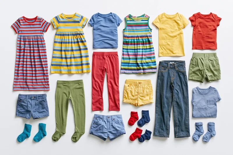 Flat lay of childrens summer clothing items arranged on white background
