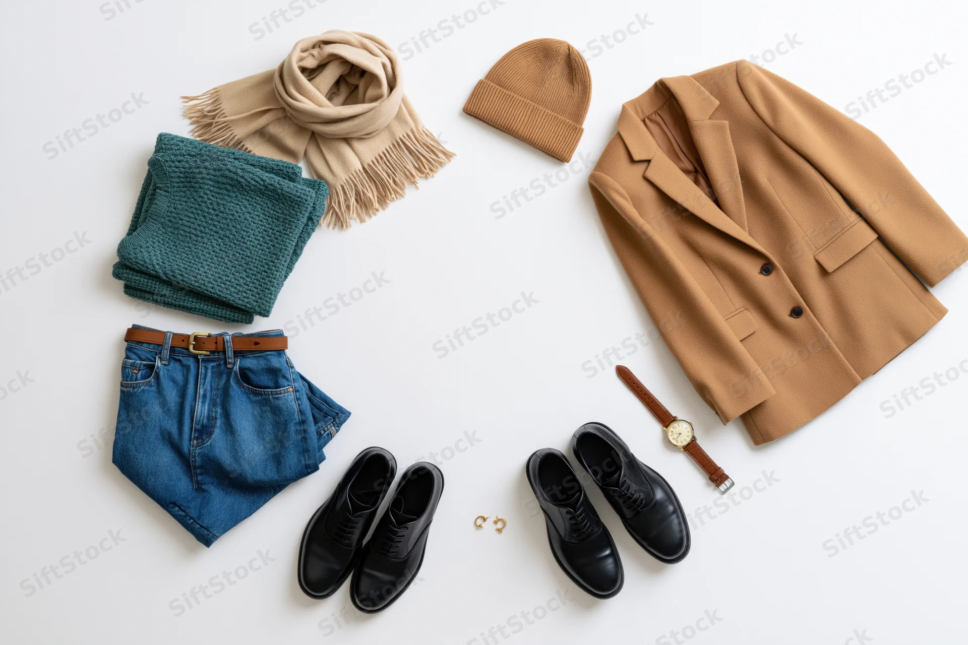 Flat lay arrangement of women's casual autumn outfit with blazer, jeans, scarf, beanie, boots, watch and belt on white background