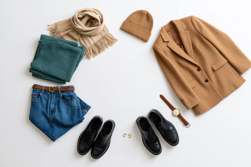 Flat lay arrangement of women's casual autumn outfit with blazer, jeans, scarf, beanie, boots, watch and belt on white background