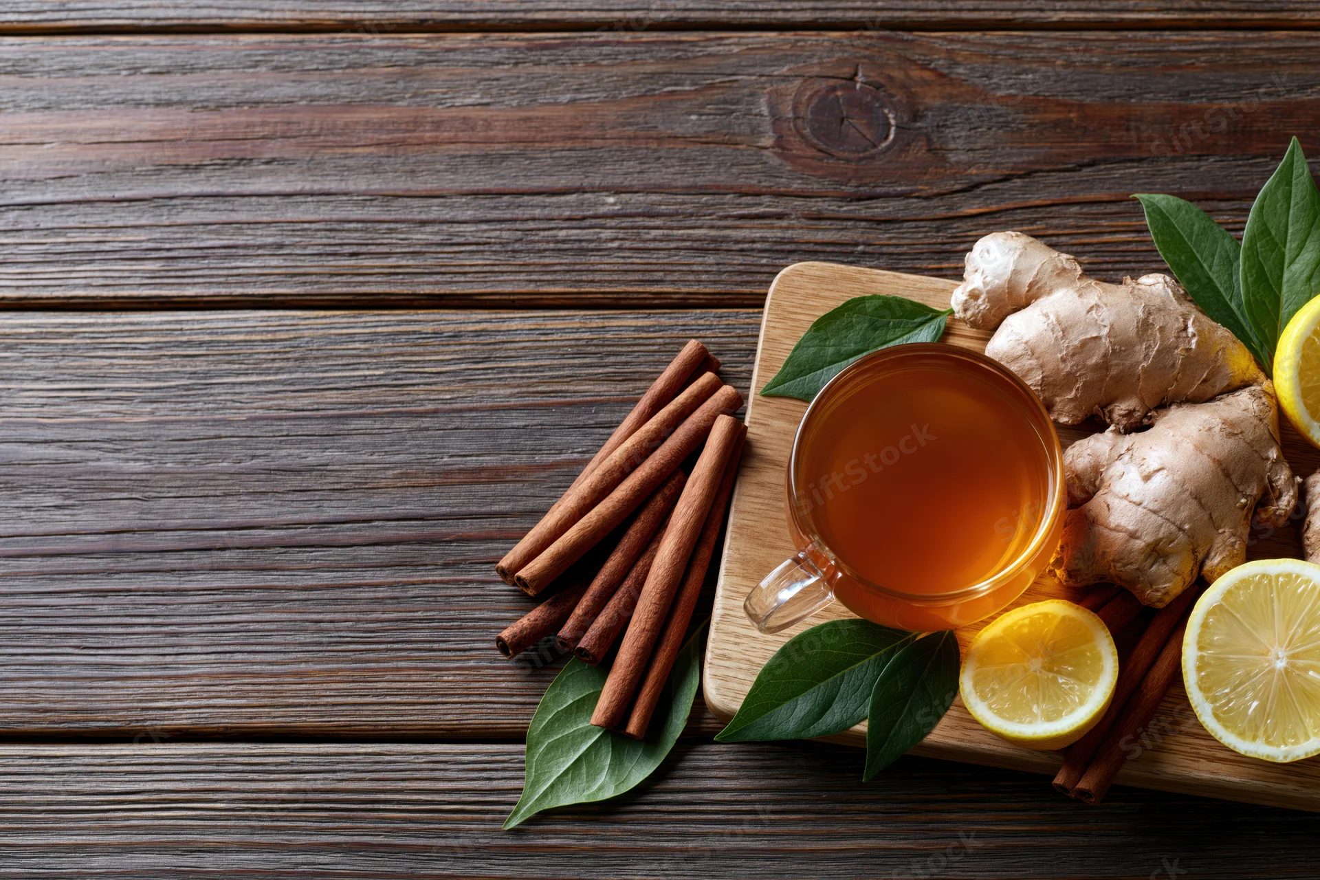 Glass cup of tea with ginger, lemon, and cinnamon on a wooden board