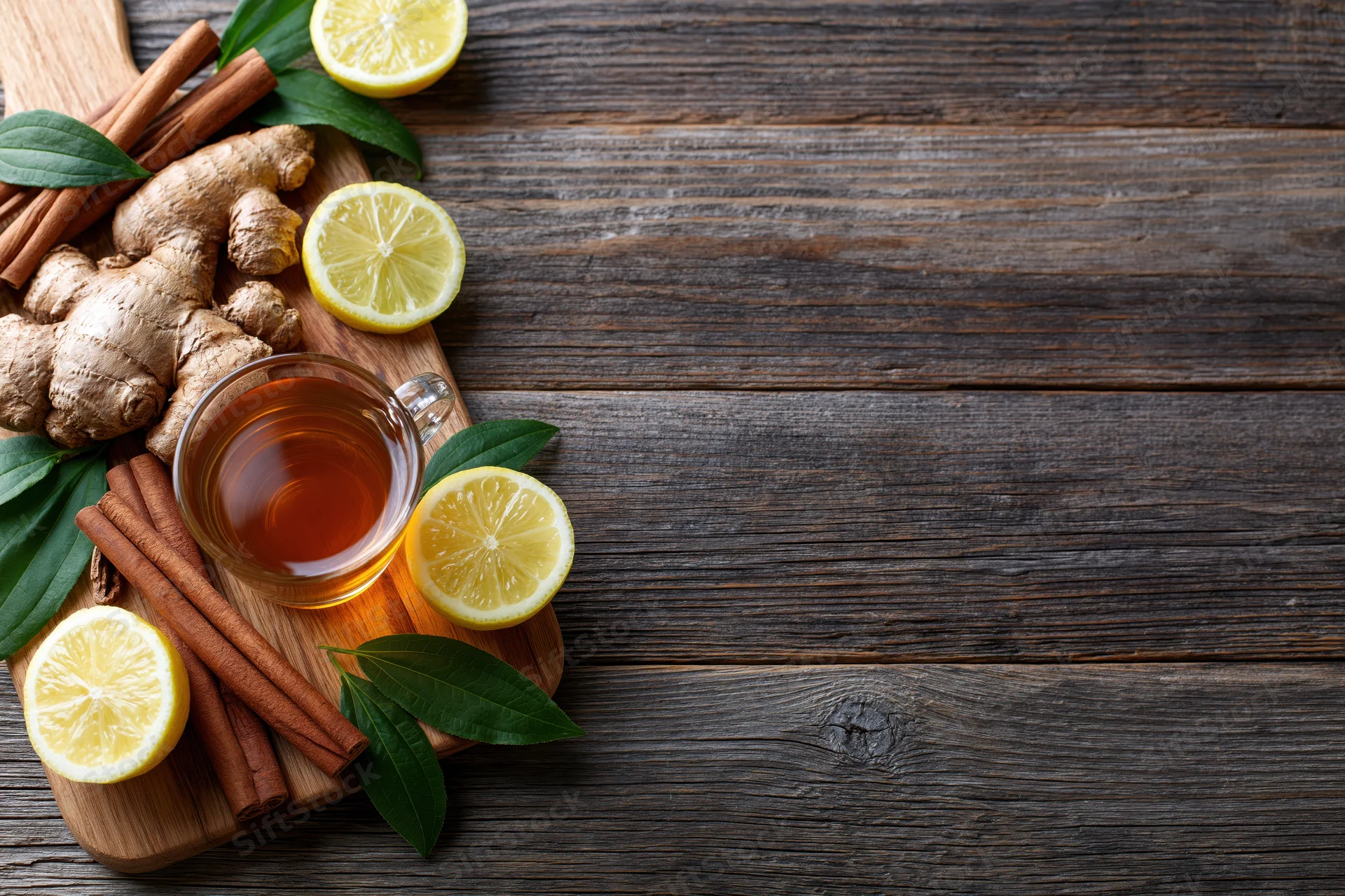 Glass cup of tea with ginger, lemon, cinnamon and leaves arranged on wooden board on rustic table