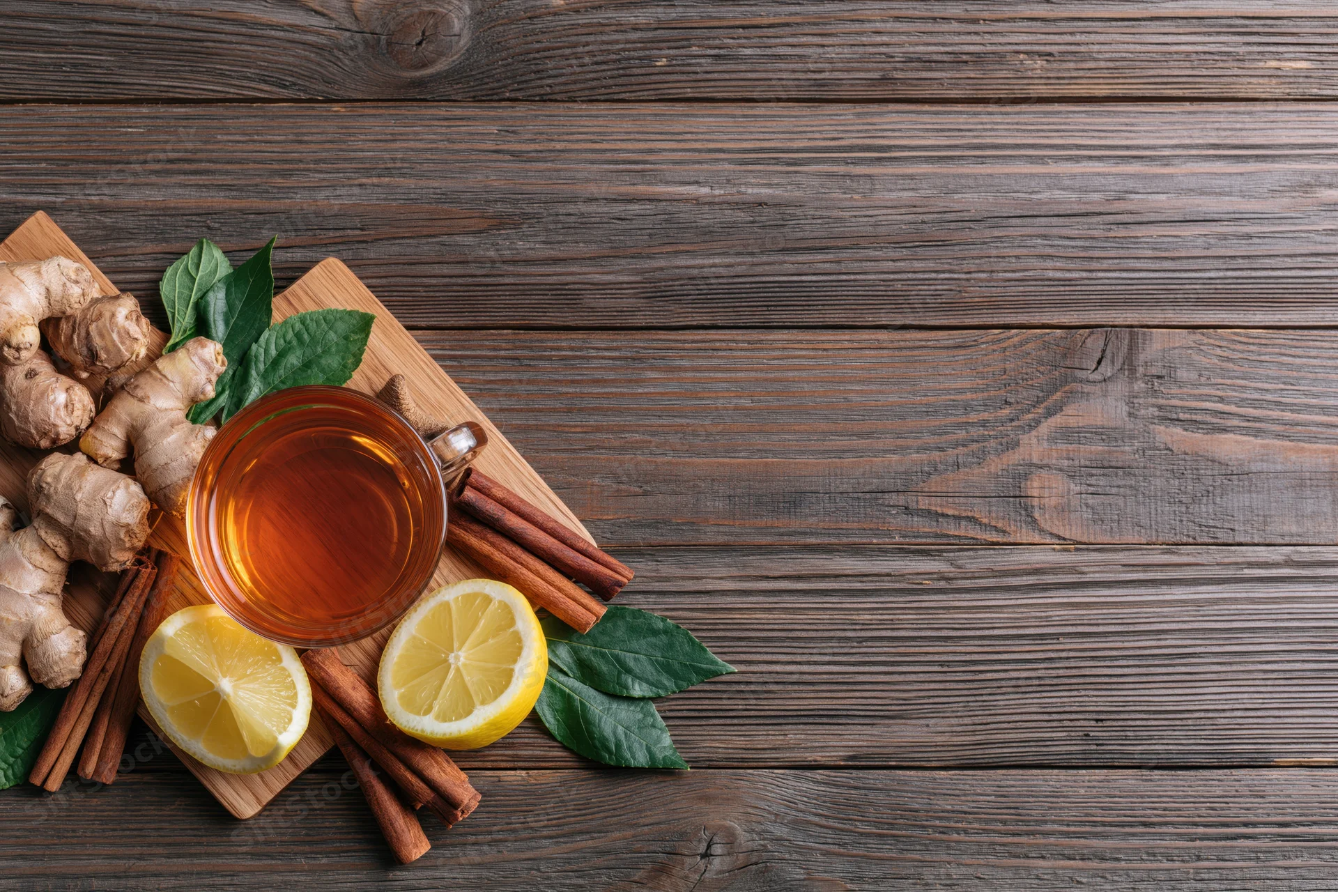 Glass cup of tea with ginger, lemon, cinnamon and leaves on wooden board, flat lay top view