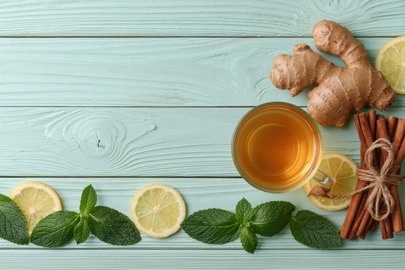 Glass cup of tea with ginger, lemon, mint and cinnamon sticks arranged on a pale blue wooden table in flat lay style