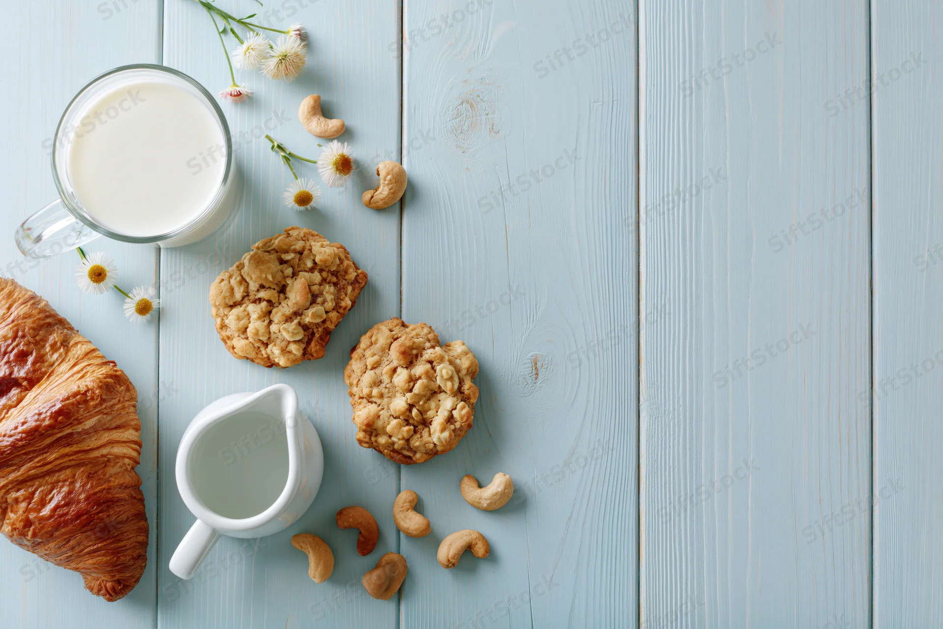 Breakfast flat lay with milk, cookies, croissant and cashews on blue wooden table