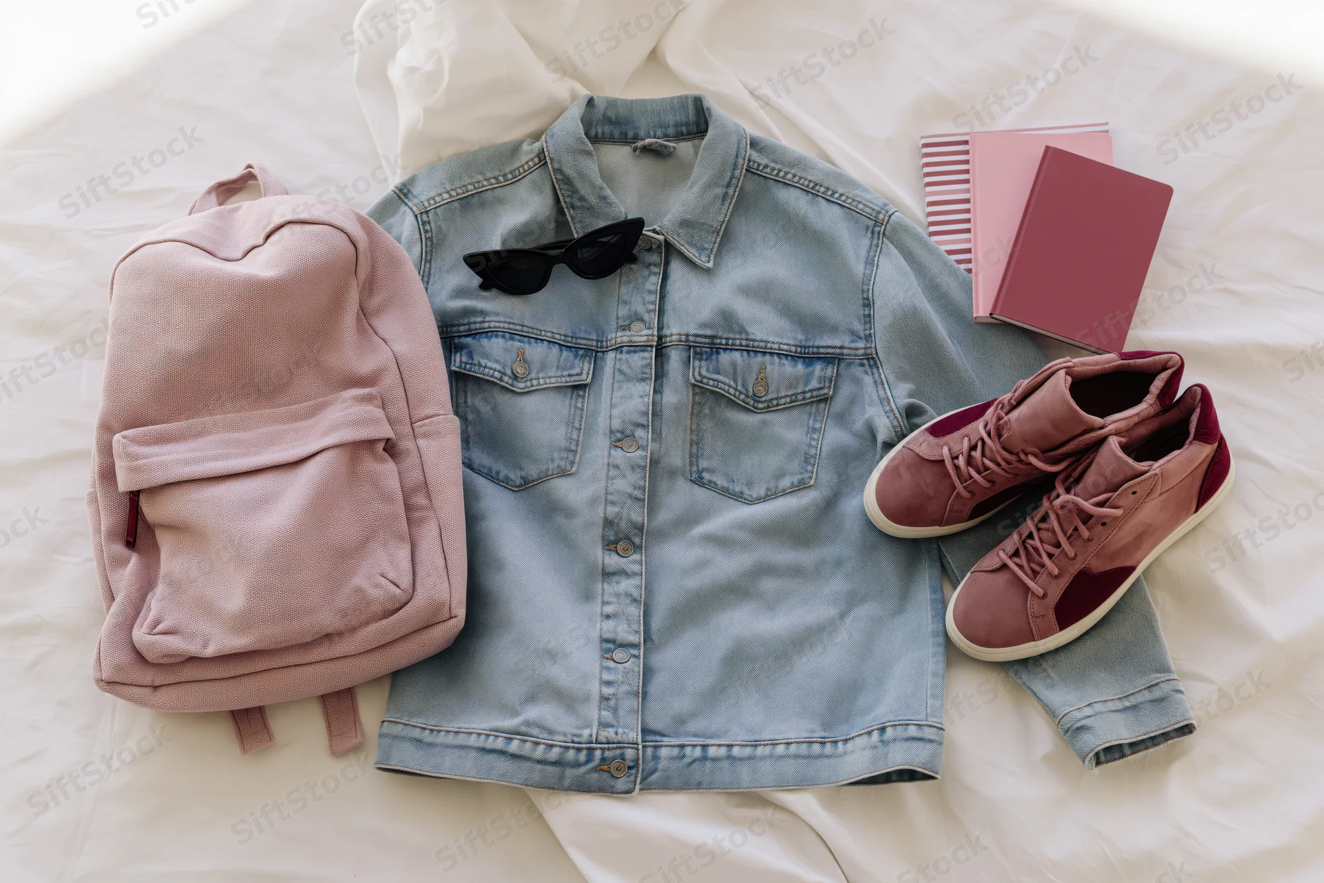 Light-wash denim jacket laid flat on white rumpled bed with pink backpack, sneakers, sunglasses and notebooks arranged around it