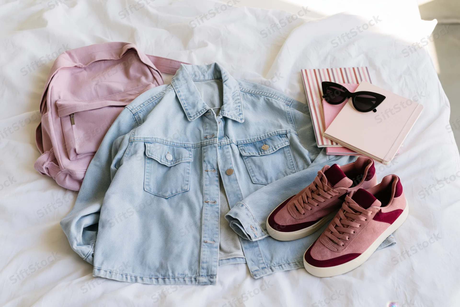 Light-wash denim jacket laid flat with pink sneakers, backpack, notebook and sunglasses on white rumpled bedding