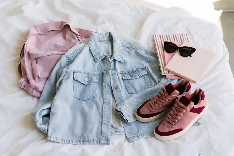 Light-wash denim jacket laid flat with pink sneakers, backpack, notebook and sunglasses on white rumpled bedding