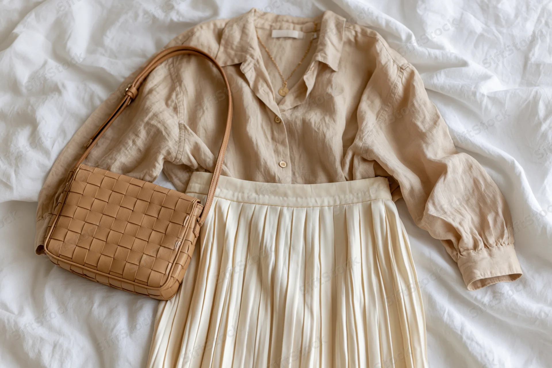 Beige linen shirt and cream pleated skirt with woven handbag arranged on white sheets