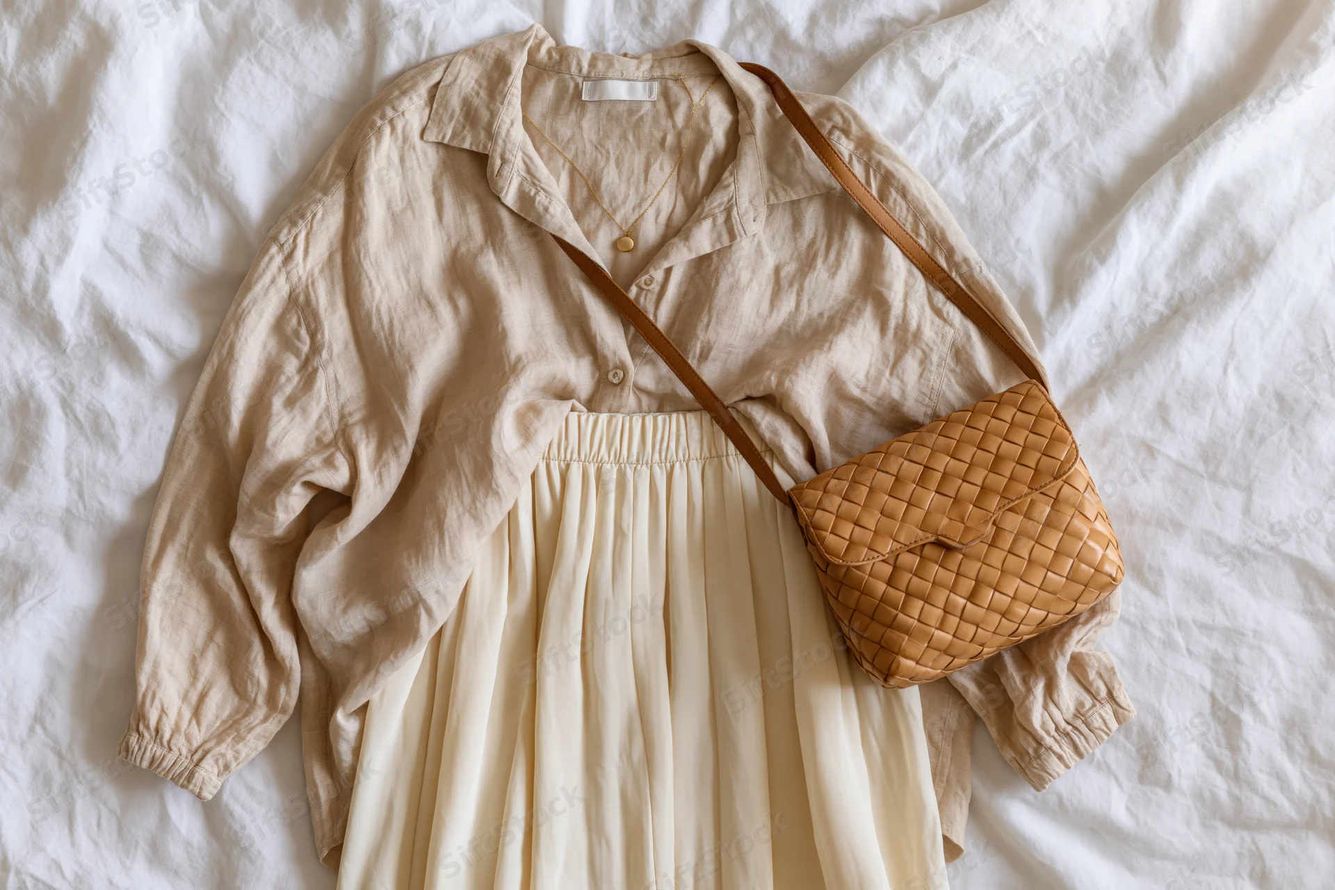 Beige linen shirt layered over cream pleated dress with tan woven leather crossbody bag on white bed sheets