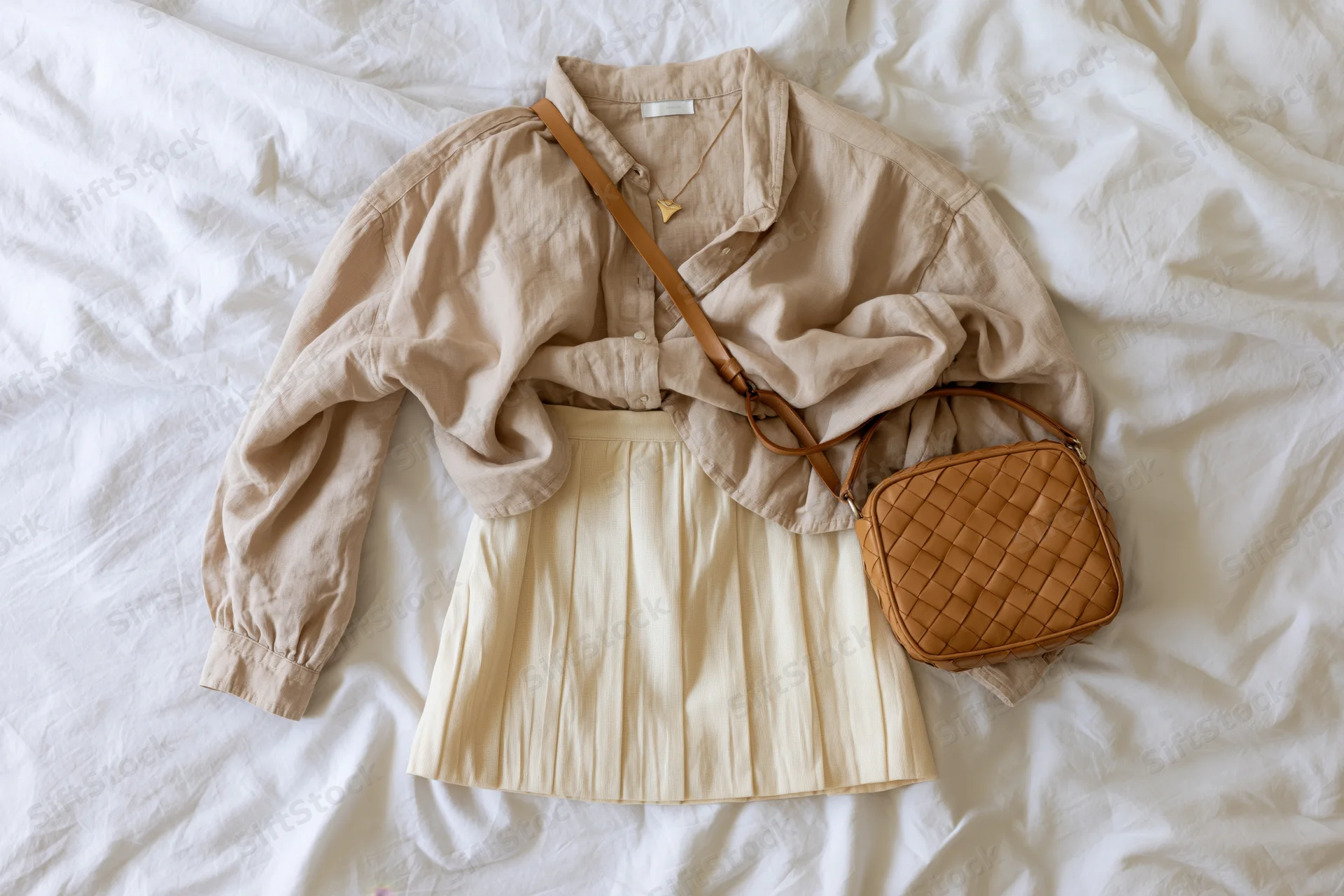 Beige linen shirt layered over cream pleated skirt with brown woven handbag on white rumpled bedding