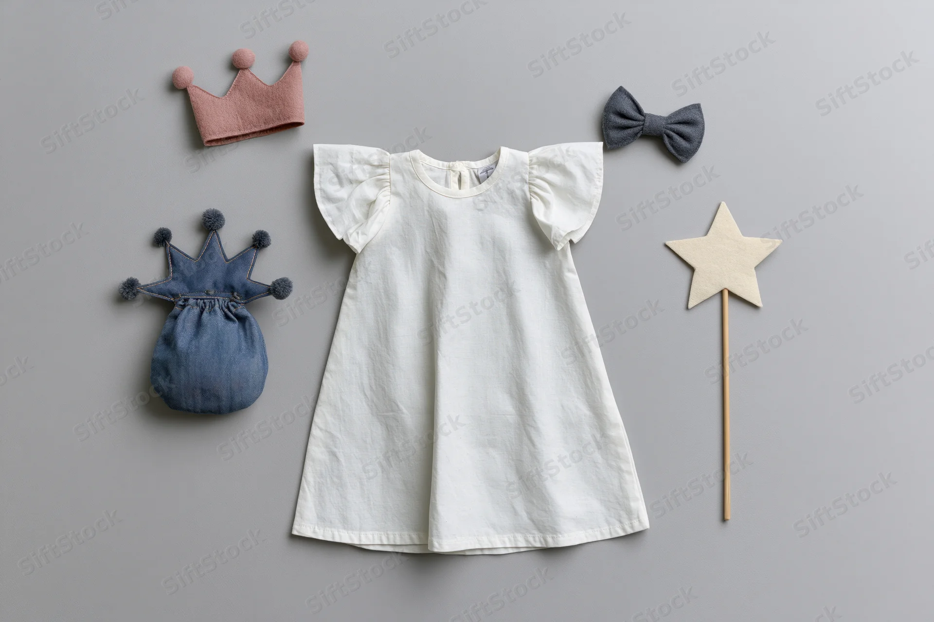 White cotton toddler dress with flutter sleeves arranged with crown, bow, star wand and denim pouch on gray surface