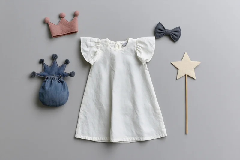 White cotton toddler dress with flutter sleeves arranged with crown, bow, star wand and denim pouch on gray surface