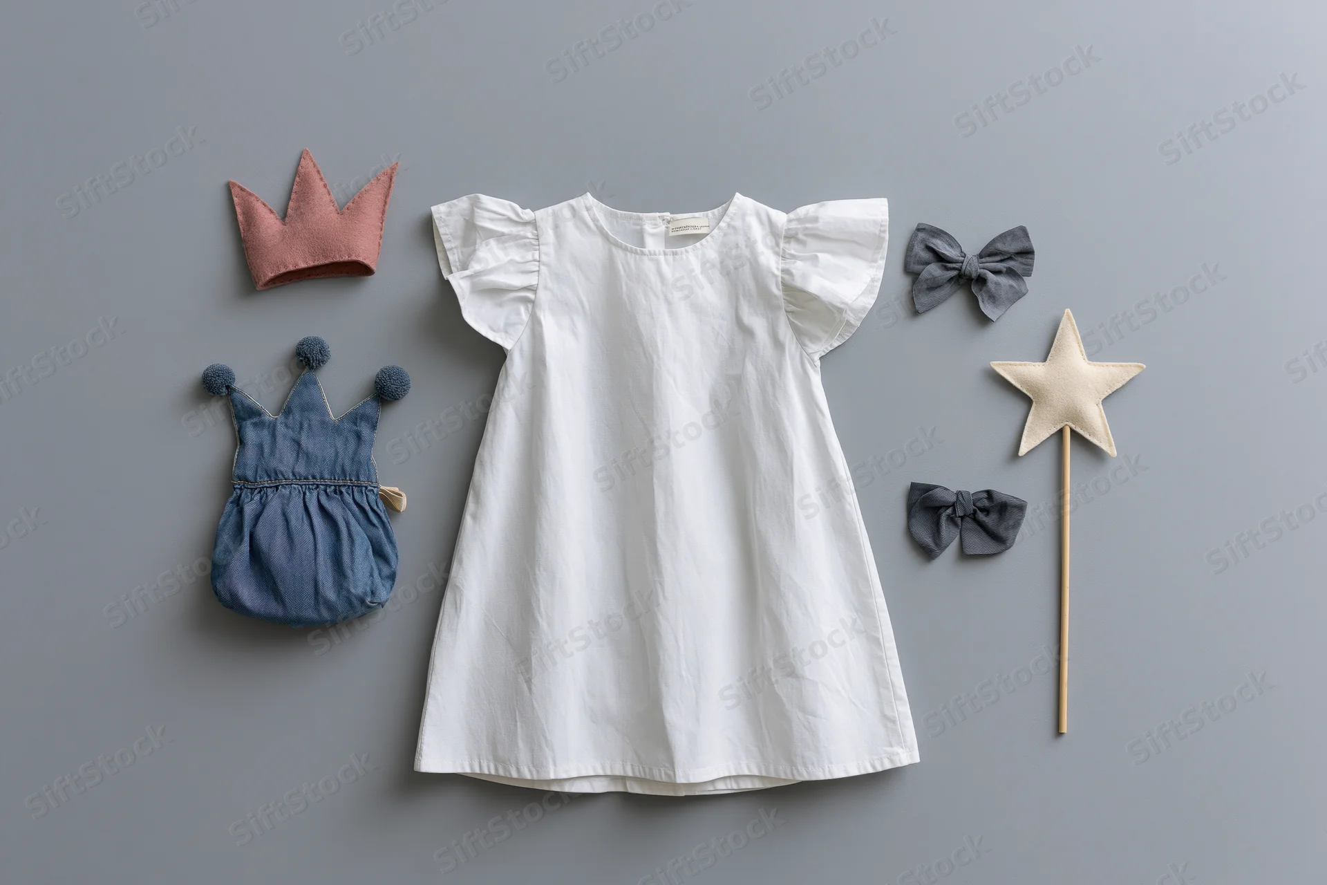 White cotton toddler dress with flutter sleeves arranged in flat lay with children's accessories on gray surface