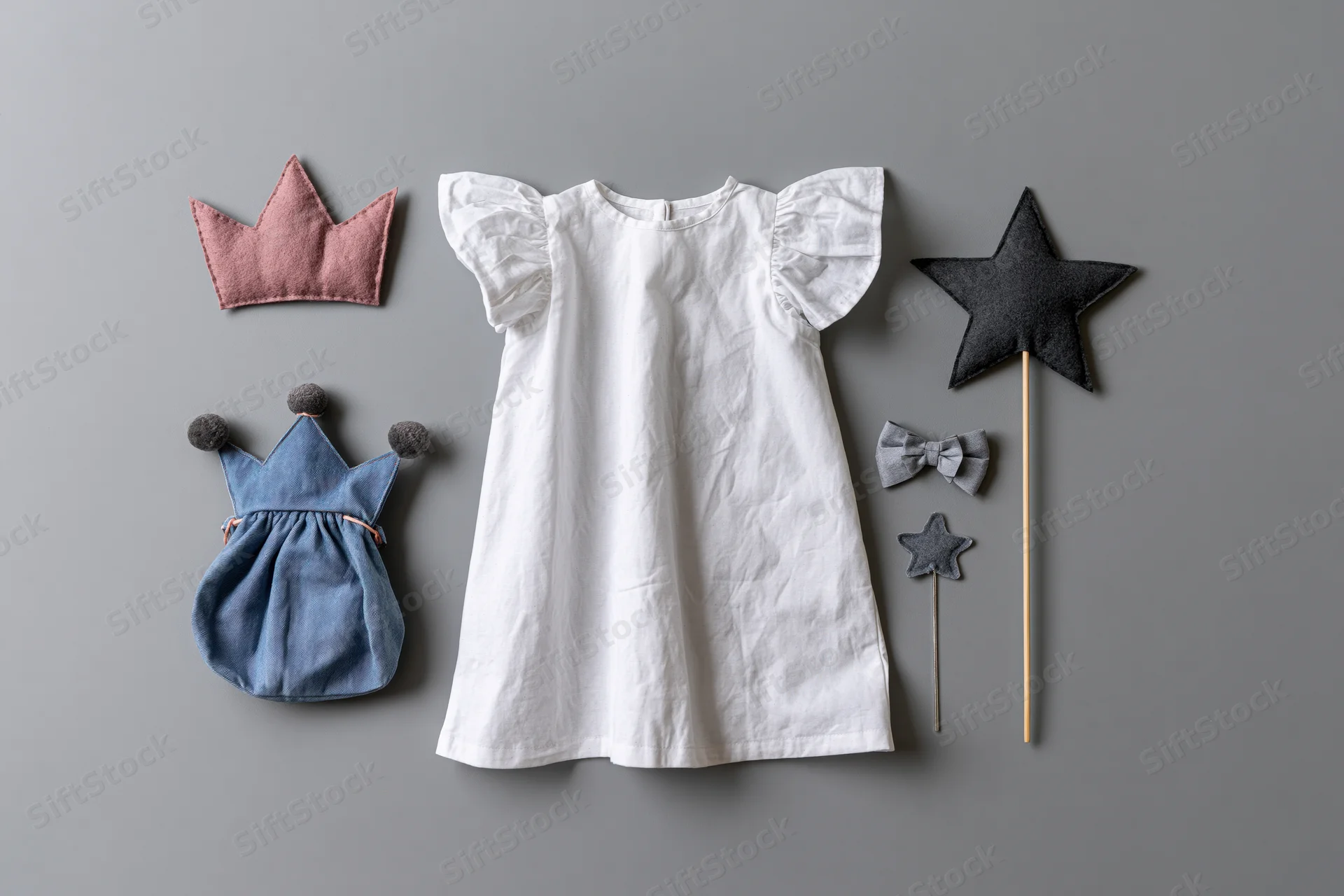 White cotton toddler dress with flutter sleeves arranged flat on gray surface with felt crowns, star wand and bowtie accessories