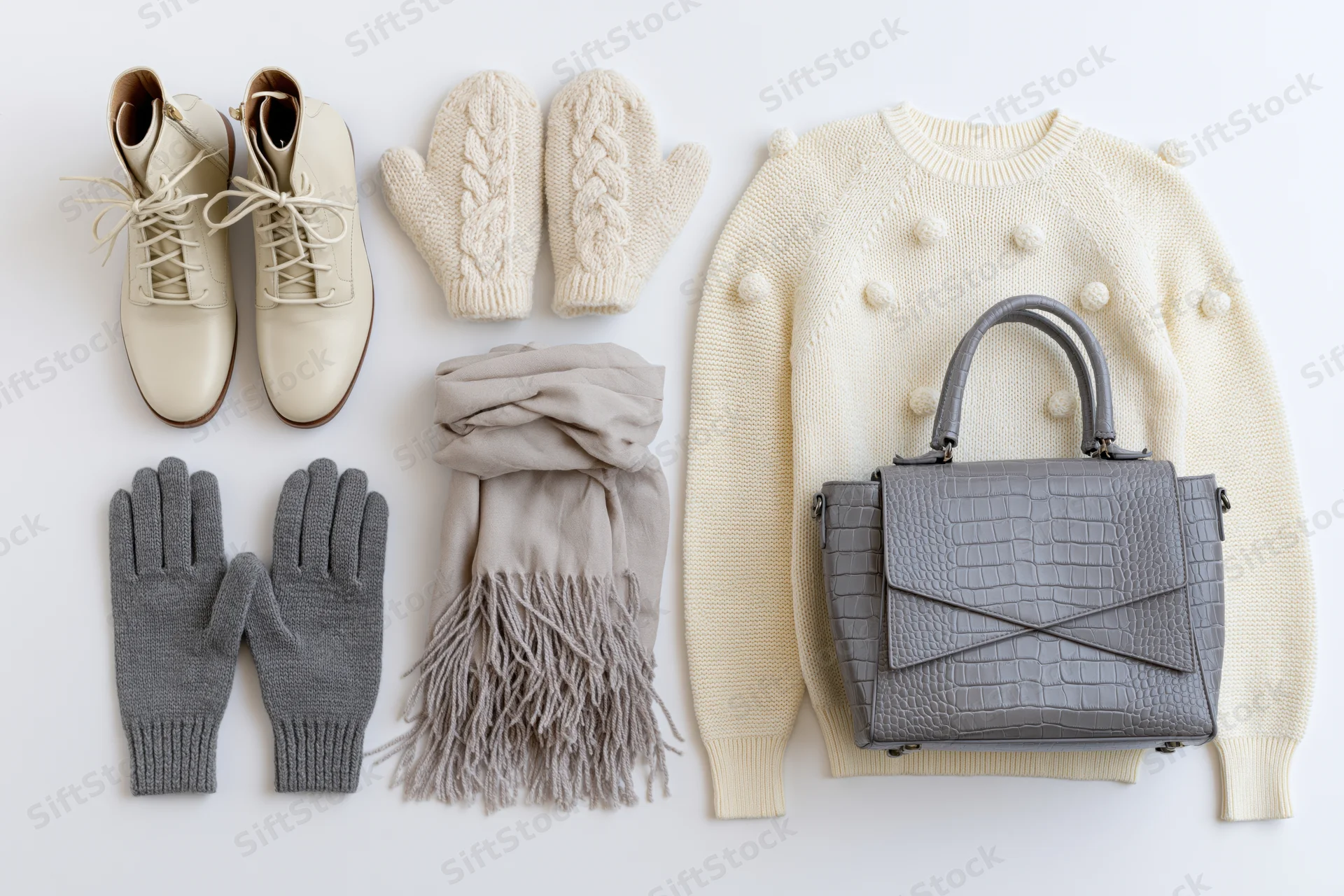 Flat lay of women's autumn accessories including sweater, boots, gloves, scarf and handbag arranged on white surface