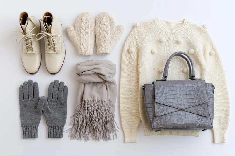 Flat lay of women's autumn accessories including sweater, boots, gloves, scarf and handbag arranged on white surface