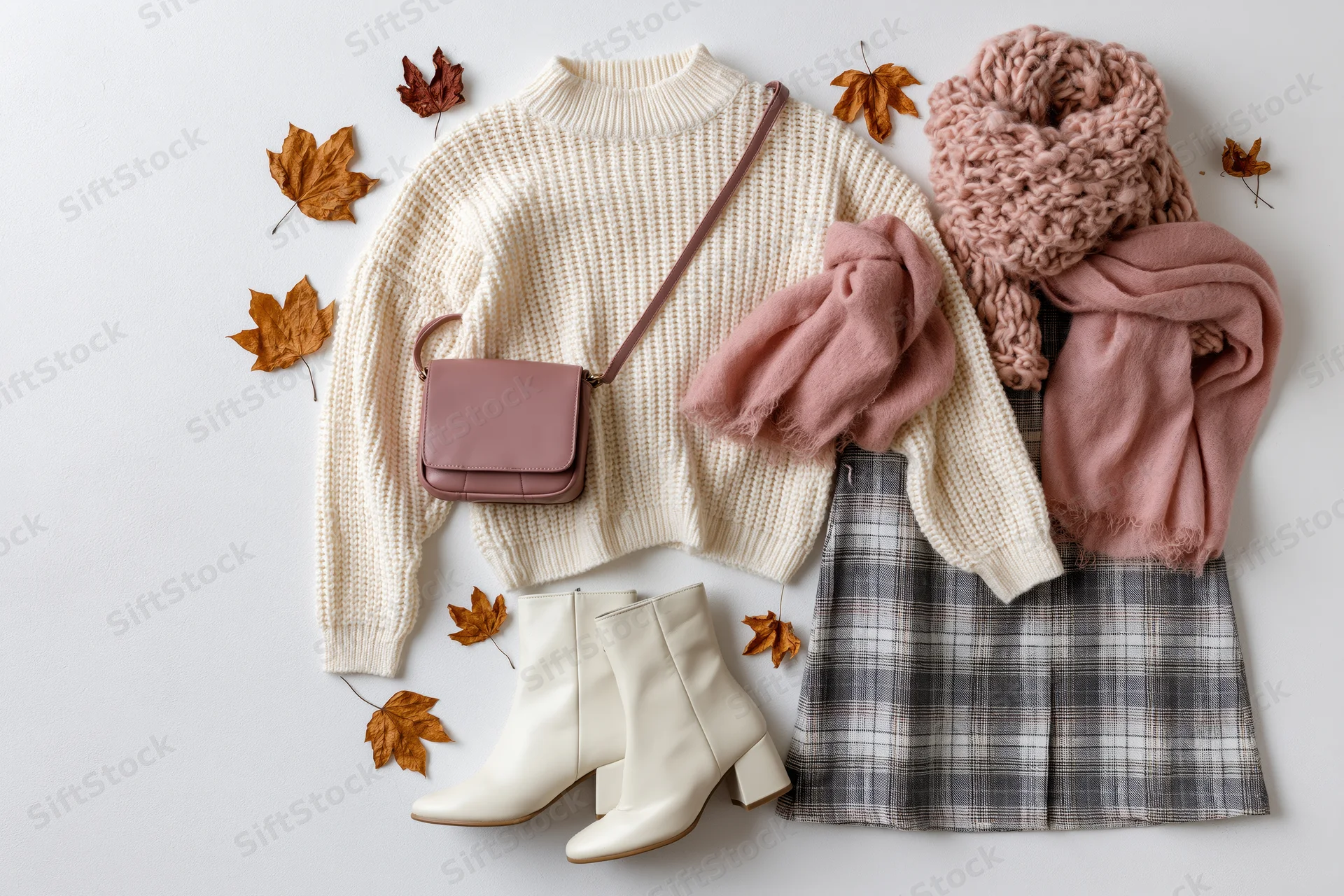 Autumn women's fashion flat lay with sweater, plaid skirt, boots, scarf and bag on white background