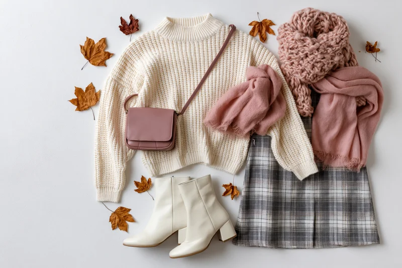 Autumn women's fashion flat lay with sweater, plaid skirt, boots, scarf and bag on white background