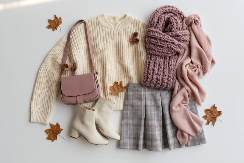 Autumn women's fashion flat lay with sweater, skirt, scarf, boots and bag on white background