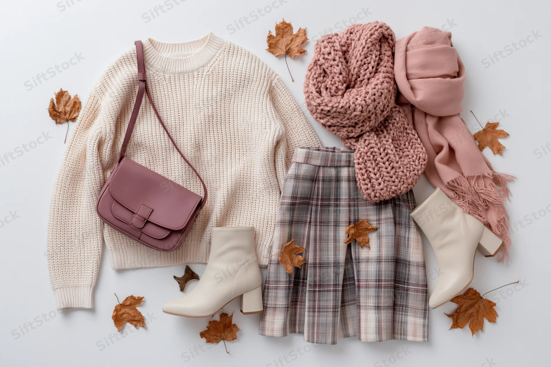 Autumn women's fashion flat lay with sweater, plaid skirt, boots, scarf, bag and leaves on white background