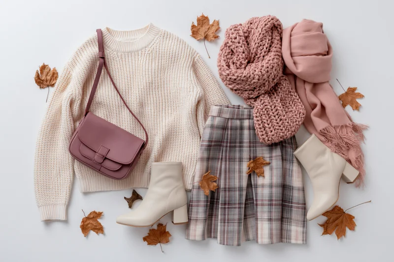 Autumn women's fashion flat lay with sweater, plaid skirt, boots, scarf, bag and leaves on white background