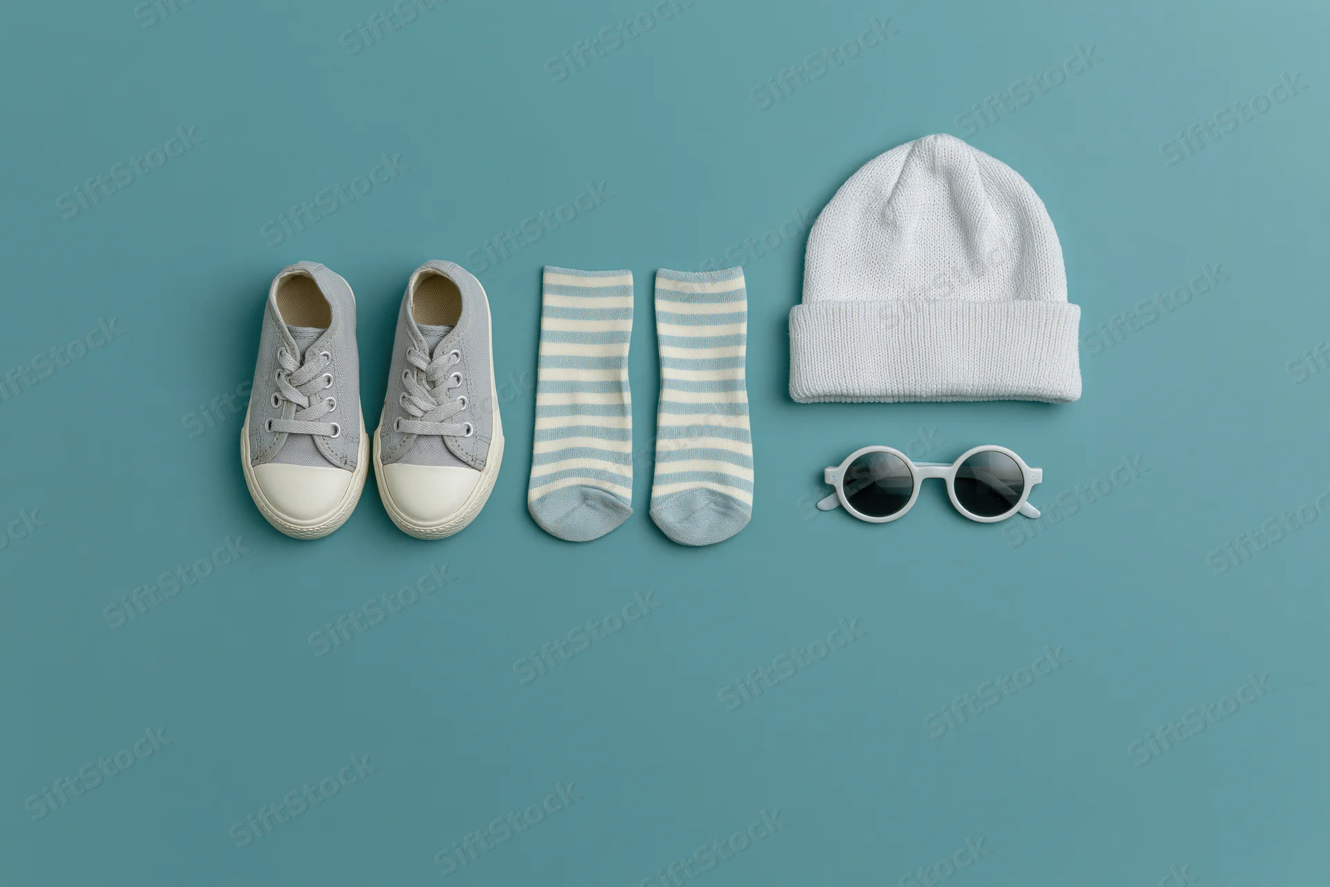 Baby accessories arranged in a row on a solid teal background