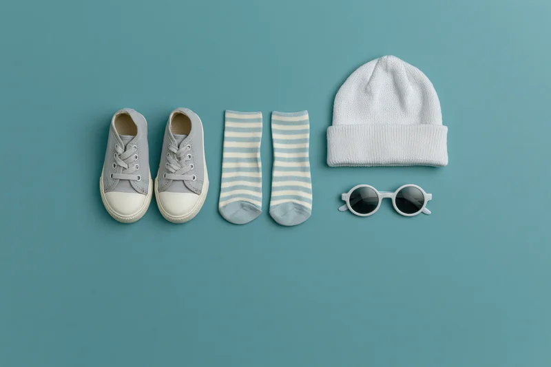 Baby accessories arranged in a row on a solid teal background